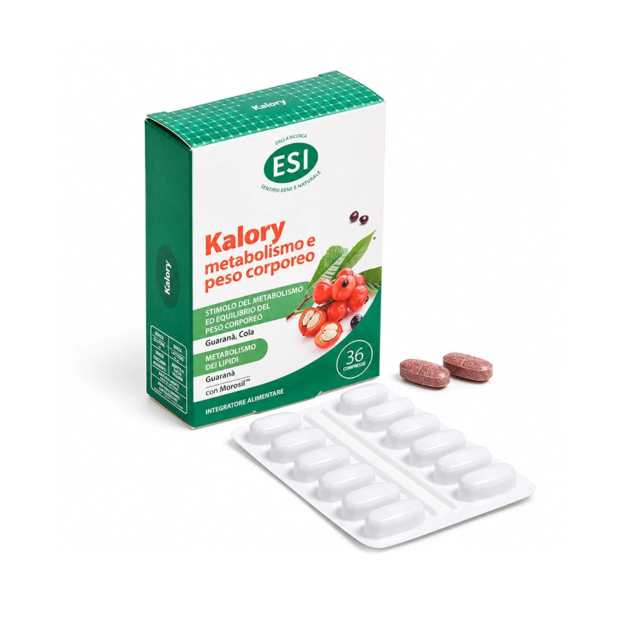 Kalory Metabolismo ESI com 36 comprimidos, suplemento alimentar com Morosil™, crómio, guaraná, cola e coleus para apoio ao metabolismo e controlo do peso.