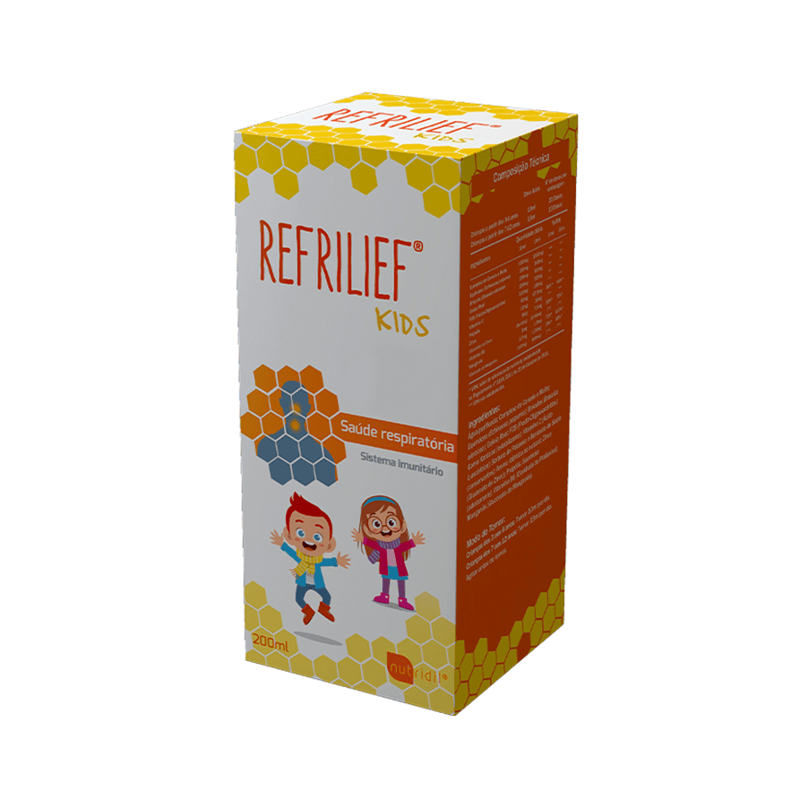 Frasco do Refrilief Kids 200ml da Nutridil, xarope natural para suporte imunológico e alívio de sintomas respiratórios infantis.