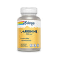 Suplemento Solaray L-Arginina 500 mg, frasco con 100 cápsulas, un aminoácido esencial para la circulación, el rendimiento físico y la vitalidad.