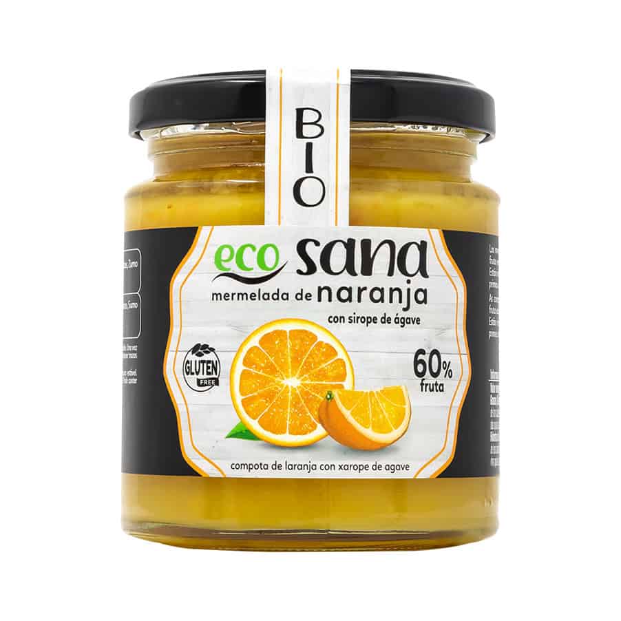 Compota Extra de Laranja Bio 225g da Ecosana em frasco de vidro com laranja biológica.