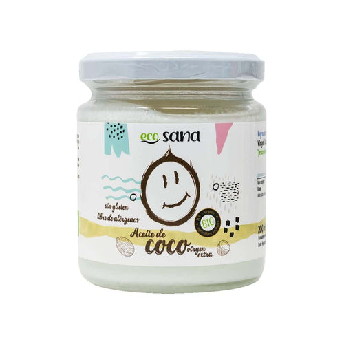 Aceite de coco virgen extra orgánico Ecosana, botella de 200 ml, ideal para cocinar, hidratar y para uso cosmético natural.
