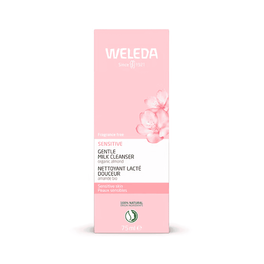 Leite de limpeza calmante de amêndoa Weleda 75ml para peles sensíveis, limpa suavemente sem agredir.