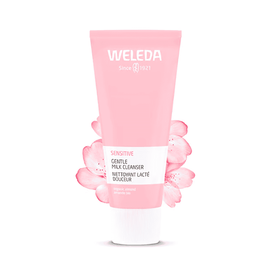 Leite de limpeza calmante de amêndoa Weleda 75ml para peles sensíveis, limpa suavemente sem agredir.