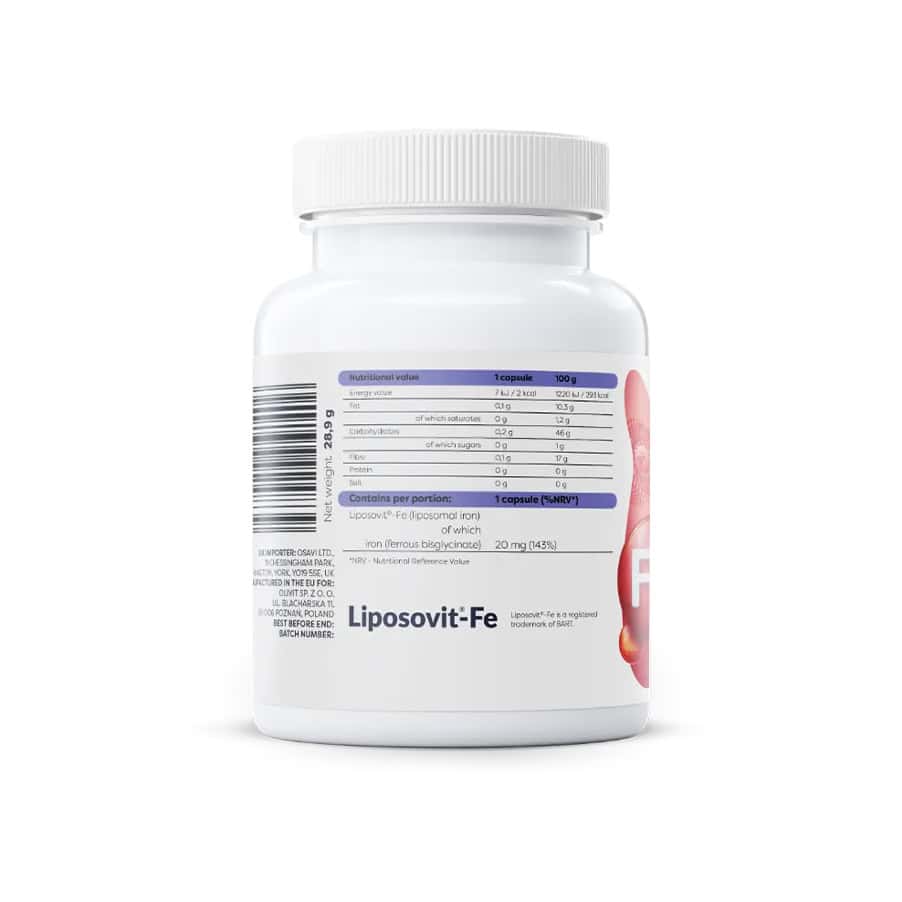 Ferro lipossomal 20 mg Osavi em cápsulas, frasco com 60 cápsulas para suporte dos níveis de ferro e energia