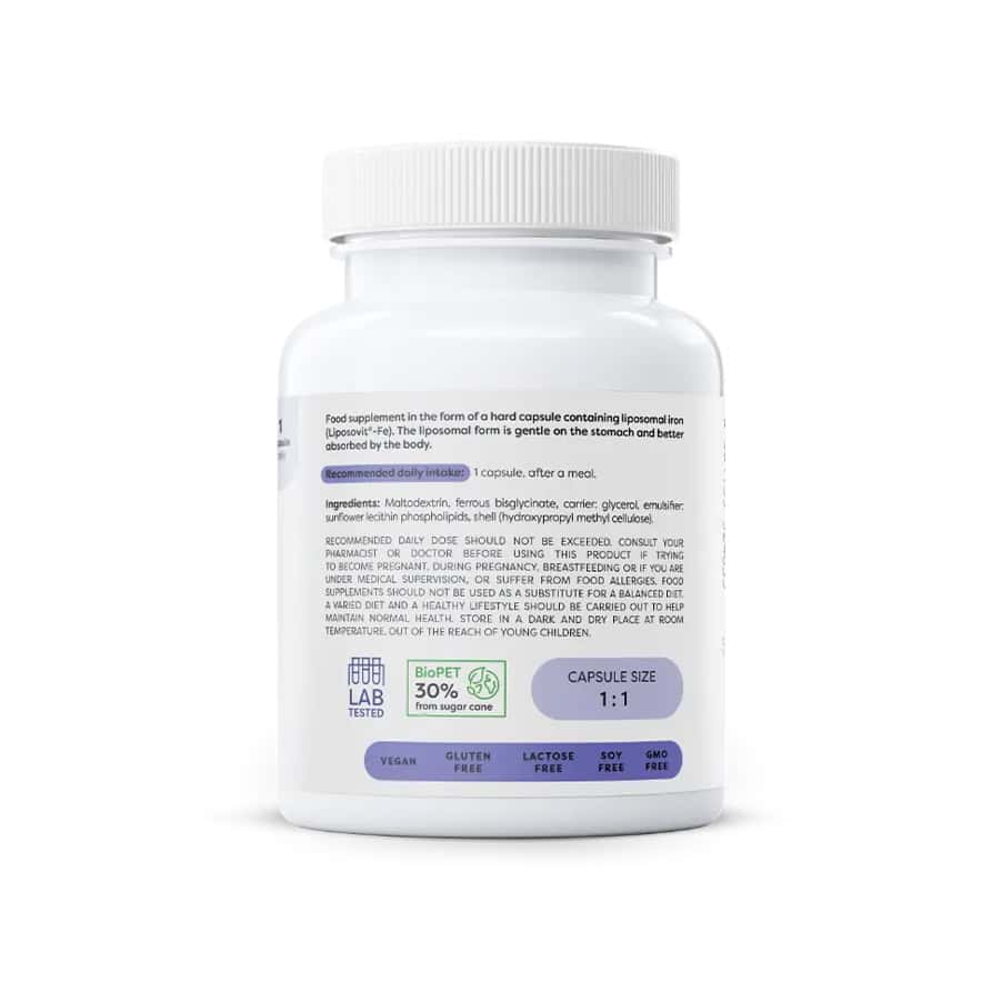 Ferro lipossomal 20 mg Osavi em cápsulas, frasco com 60 cápsulas para suporte dos níveis de ferro e energia