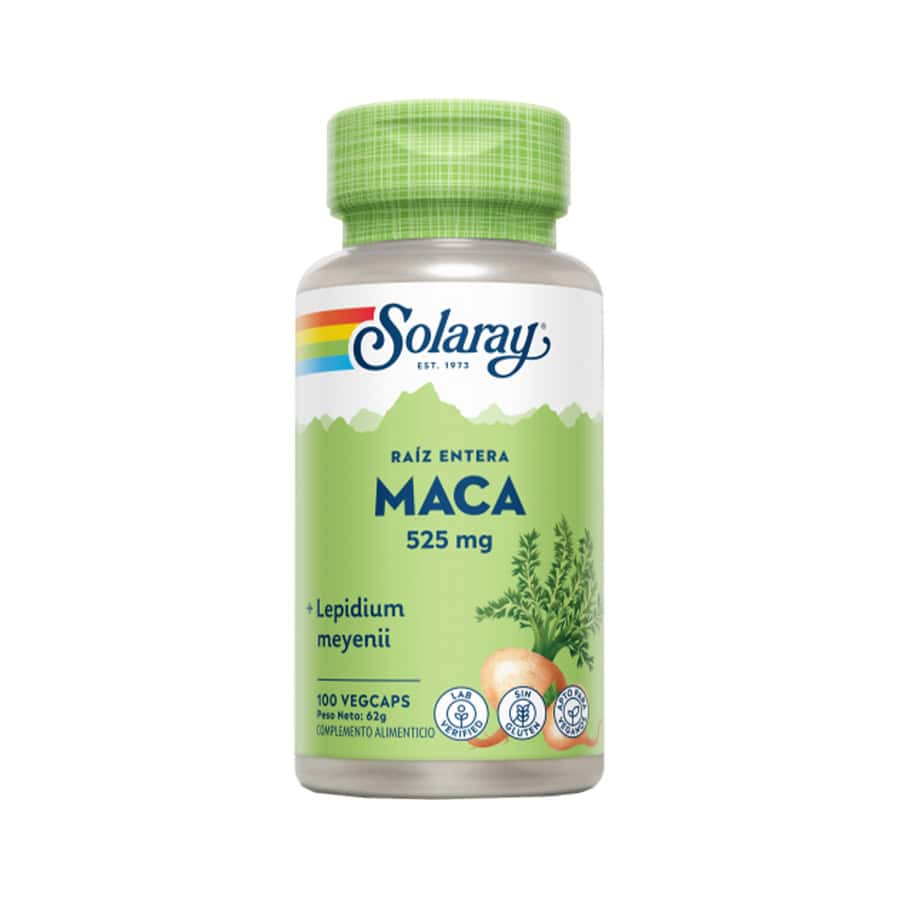 Suplemento Solaray Maca de 525 mg, frasco con 100 cápsulas, un tónico natural para la energía, la vitalidad y el equilibrio hormonal.
