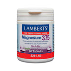 Frasco do Magnésio 375mg com 60 comprimidos da Lamberts, suplemento essencial para músculos, ossos e energia.