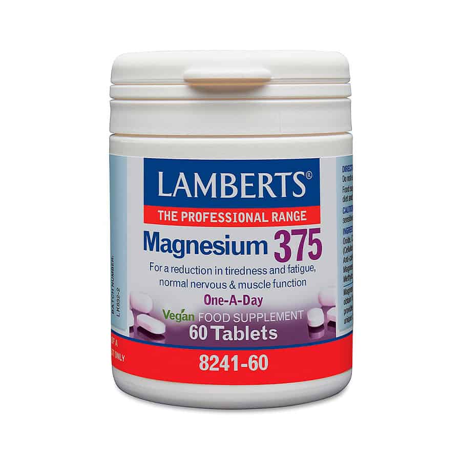 Frasco do Magnésio 375mg com 60 comprimidos da Lamberts, suplemento essencial para músculos, ossos e energia.