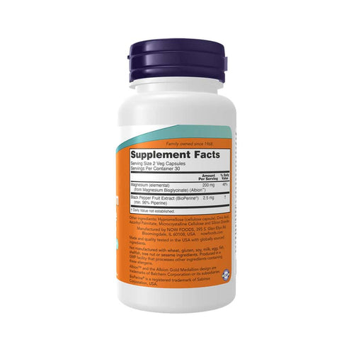 Glicinato de magnesio con BioPerine, 60 cápsulas, Now Foods. Suplemento de magnesio en cápsulas para una absorción óptima.