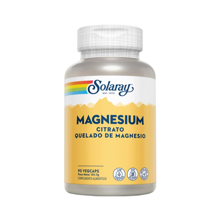 Frasco de suplemento Solaray Citrato de Magnésio com 90 cápsulas, fórmula de alta absorção para suporte muscular, nervoso e energético.
