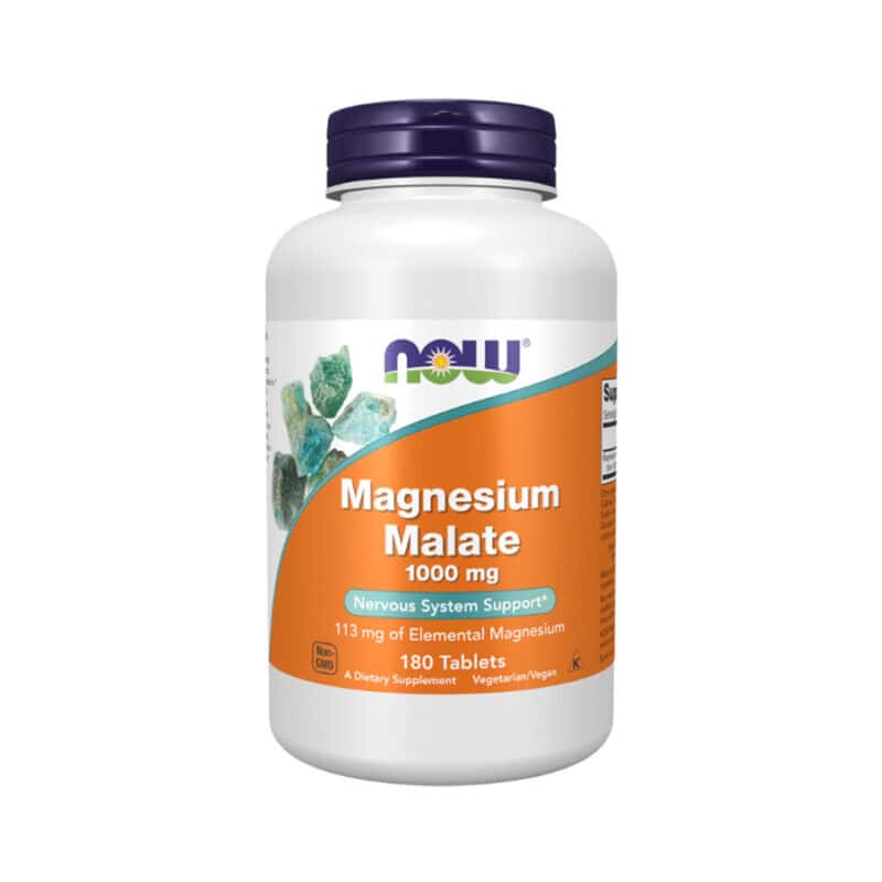 Frasco branco do suplemento Magnésio Malato 1000 mg da marca Now Foods, contendo 180 comprimidos. 