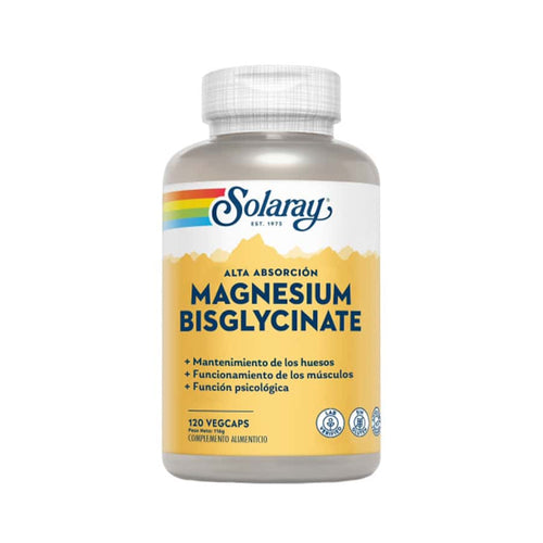 Suplemento de bisglicinato de magnesio Solaray en frasco con 120 cápsulas, una forma altamente absorbible para la relajación muscular, la energía y el equilibrio nervioso.