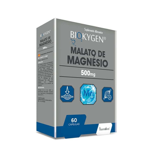 Envase para Biokygen Malato de Magnesio 500 mg, 60 cápsulas, en blanco y verde, ideal para el apoyo muscular y la energía.