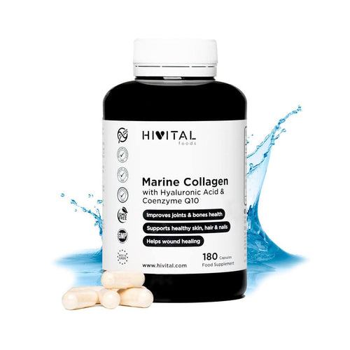 Frasco de 180 cápsulas de colágeno marino con ácido hialurónico, Q10 y vitamina C de la marca Hivital, un suplemento para mejorar la salud y el rejuvenecimiento de la piel y las articulaciones.