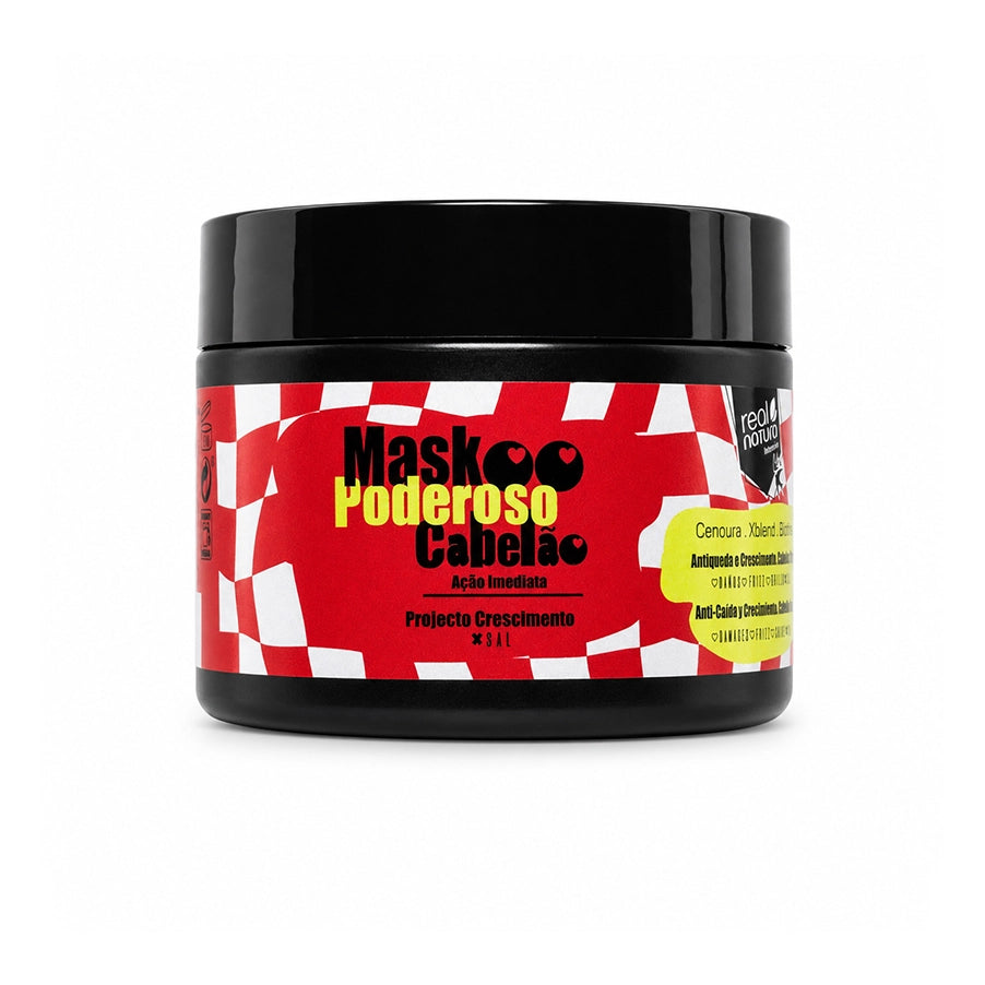 Máscara Capilar Poderoso Cabelão 250gr Real Natura, tratamento hidratante com biotina, óleo de cenoura e Xblend para cabelo seco, danificado ou com frizz.