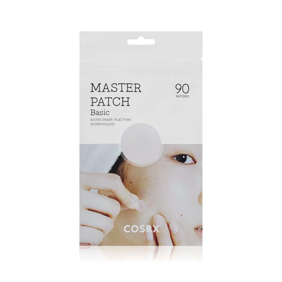 Patches Master Patch Basic da Cosrx em embalagem com 90 adesivos transparentes para imperfeições.