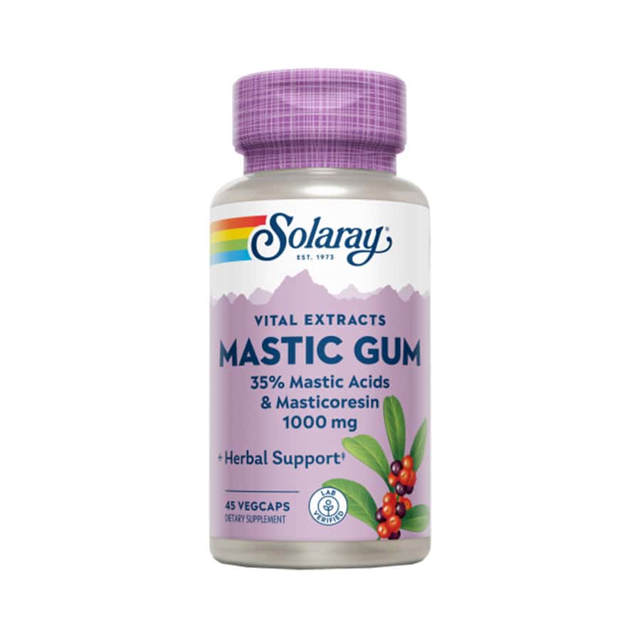 Suplemento Solaray Mastic Gum, frasco con 45 cápsulas, resina natural de pistacho y lentisco para favorecer la digestión y el bienestar gastrointestinal.