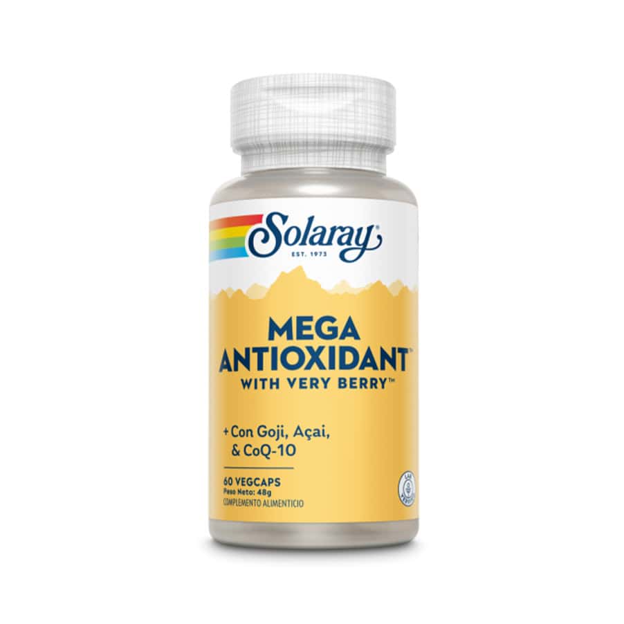 Frasco de suplemento Solaray Mega Antioxidante com 60 cápsulas, combinação de vitaminas, minerais e extratos vegetais para proteção celular e vitalidade.
