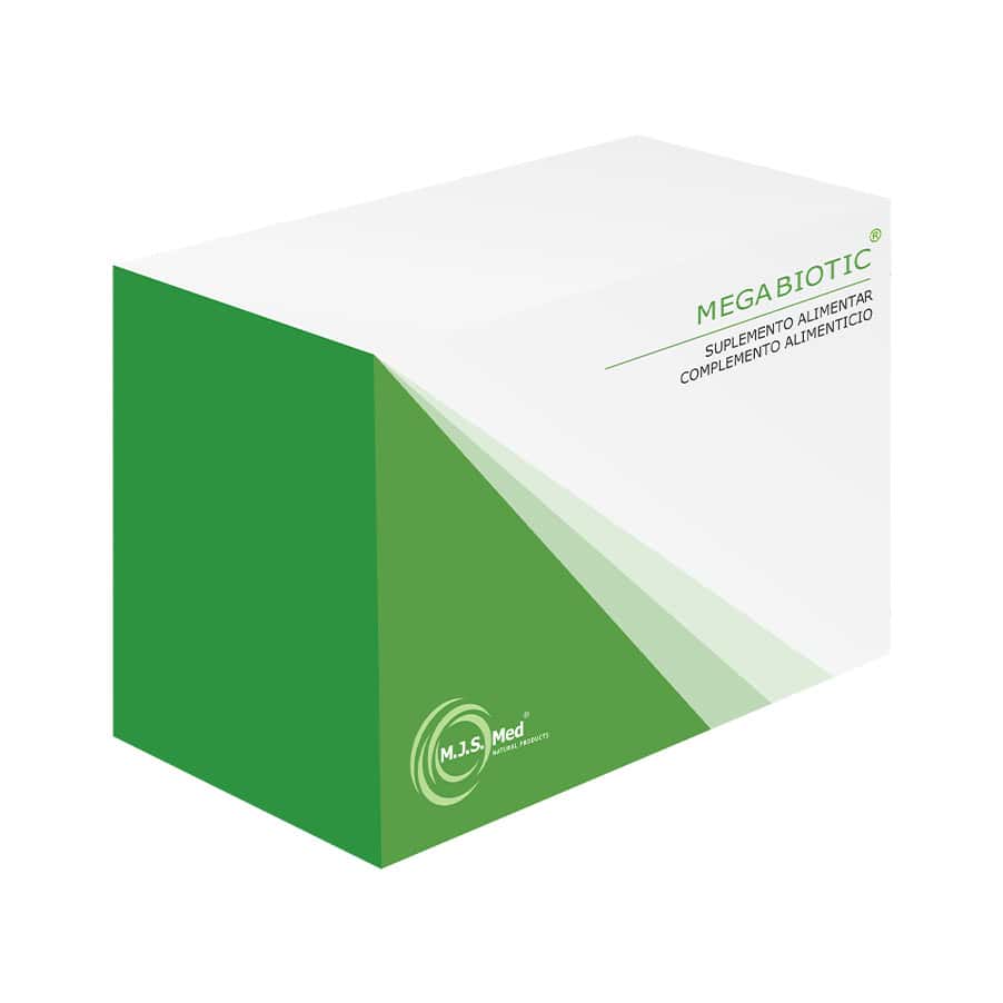 Megabiotic 30 sobres MJS Med en una caja, suplemento probiótico para fortalecer la flora intestinal.
