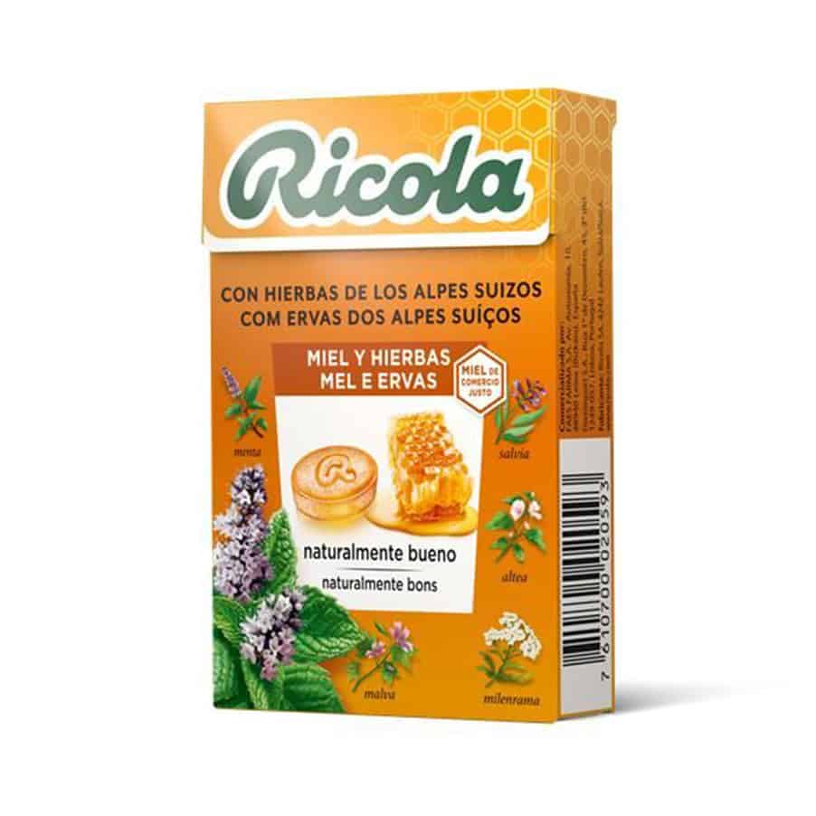 Pastillas Ricola de miel y hierbas en envase de 50 g, elaboradas con miel natural y 13 hierbas suizas para aliviar y calmar la garganta.