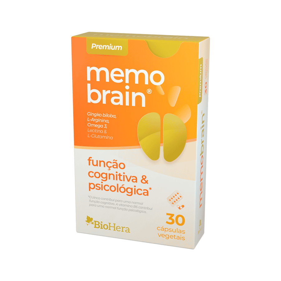 Suplemento MemoBrain da BioHera em frasco com 30 cápsulas, desenvolvido para apoiar a memória, concentração e desempenho mental.