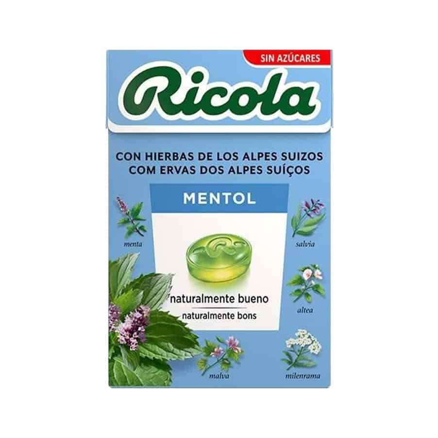 Pastillas Ricola de mentol en envase de 50 g, elaboradas con 13 hierbas suizas y mentol natural para un alivio refrescante y duradero del dolor de garganta.