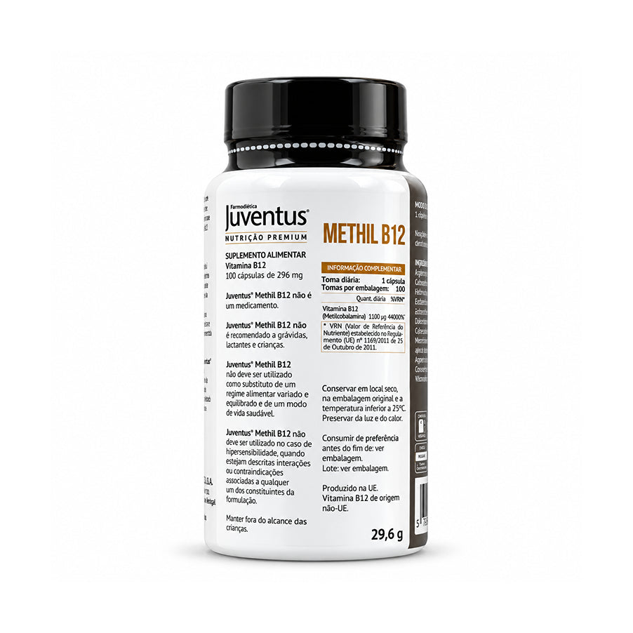 Methil B12 1100 mcg Juventus, suplemento alimentar com vitamina B12 na forma de metilcobalamina, em embalagem de 100 cápsulas.