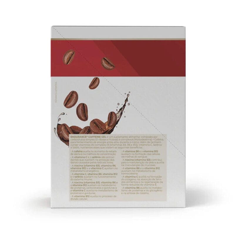Endurance Caffeine Gel Mocha 12 saquetas Vitafor, gel energético com cafeína para treinos de resistência e alta intensidade.
