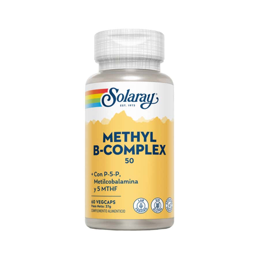 Frasco de suplemento Solaray Methyl B-Complex com 60 cápsulas, vitaminas do complexo B metiladas para energia, metabolismo e sistema nervoso.