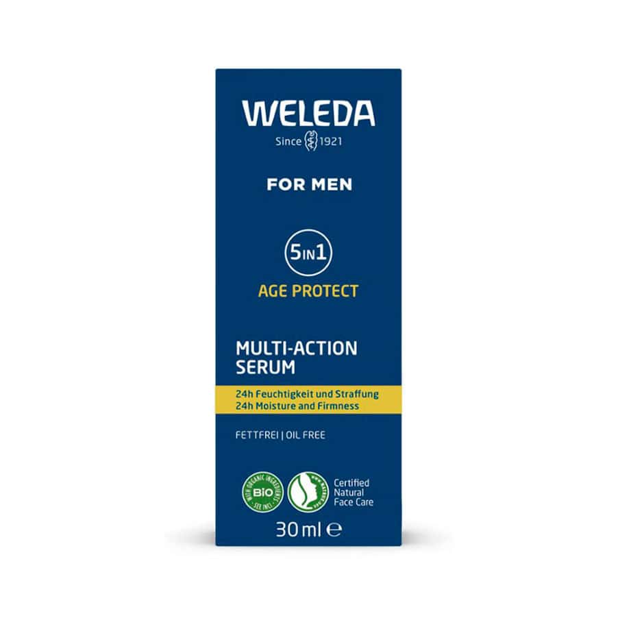 Frasco do Sérum Multi Ação 5 em 1 Homem da Weleda, cuidado intensivo para hidratação, firmeza e proteção da pele masculina."