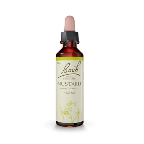 Remedio Floral de Bach Mostaza Original en un frasco de 20 ml, una esencia floral tradicional asociada con el bienestar emocional.