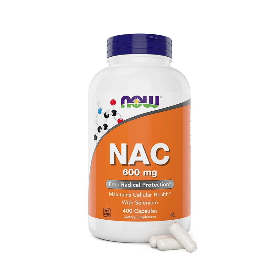 NAC 600mg 250 Cápsulas Now Foods, un suplemento con N-acetilcisteína y selenio para el apoyo antioxidante y la salud celular.