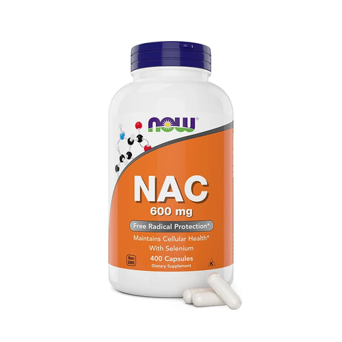 NAC 600mg 250 Cápsulas Now Foods, un suplemento con N-acetilcisteína y selenio para el apoyo antioxidante y la salud celular.