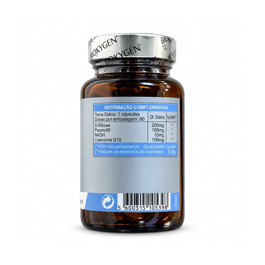 NADH + Q10 da Biokygen combina D-ribose, NADH e coenzima Q10 numa fórmula prática para complementar a rotina diária.