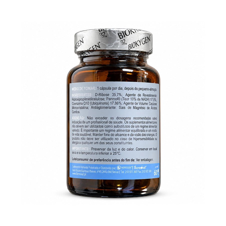 NADH + Q10 da Biokygen combina D-ribose, NADH e coenzima Q10 numa fórmula prática para complementar a rotina diária.