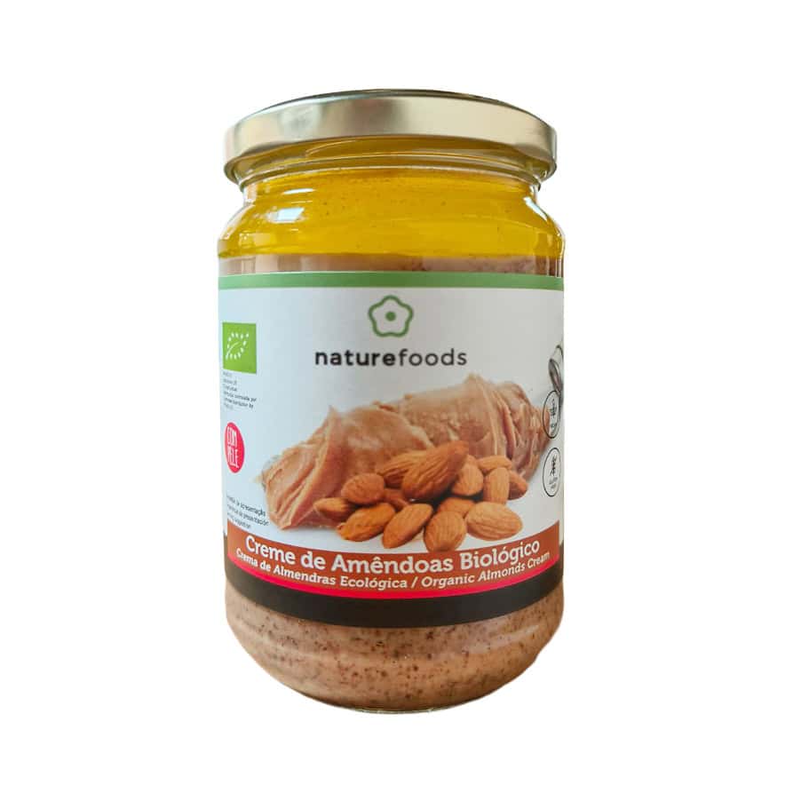 Creme de Amêndoa Bio da Naturefoods em frasco de 300 gramas, creme 100% de amêndoas biológicas.