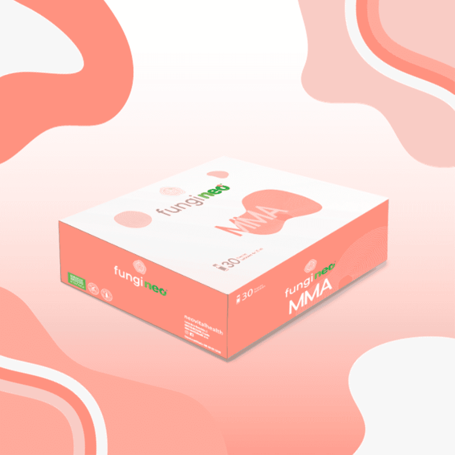 Envase para Fungi Neo MMA 25ml x 30 dosis individuales de NeoVital Health, un suplemento líquido con hongos medicinales para el apoyo del sistema inmunitario.