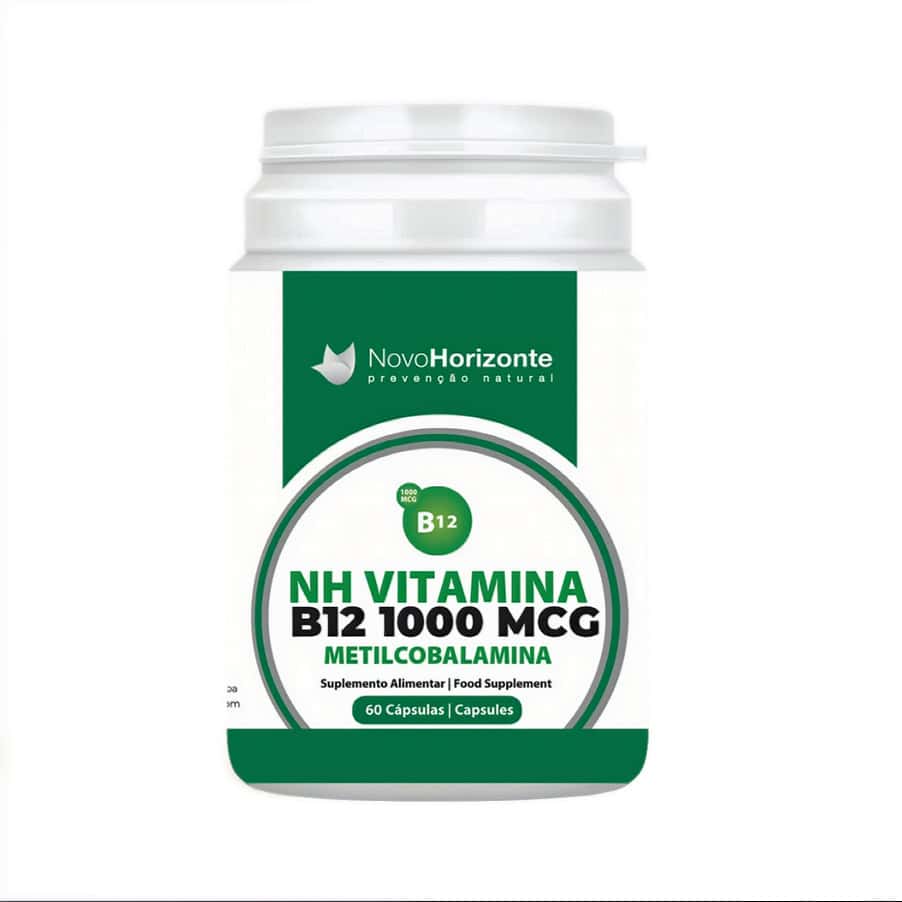 NH Vitamina B12 1000mcg Metilcobalamina 60 cápsulas da Novo Horizonte em frasco branco.