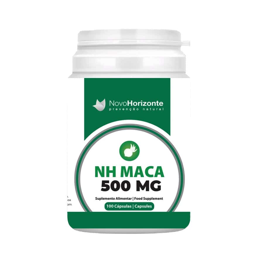 NH Maca 500mg 100 cápsulas da Novo Horizonte em frasco branco.