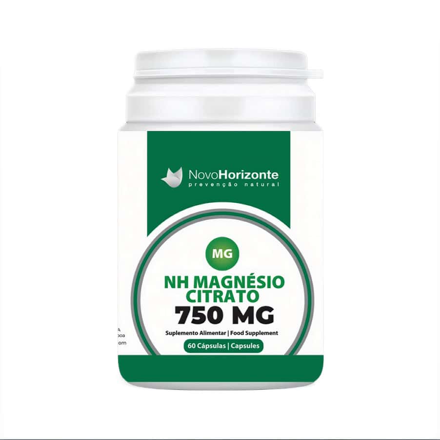 NH Magnésio Citrato 750mg 60 cápsulas da Novo Horizonte em frasco branco.