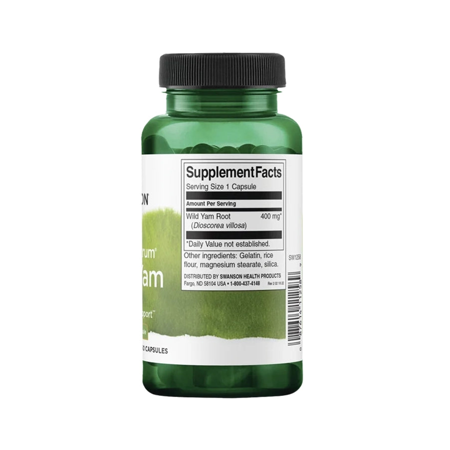 Inhame Selvagem 400 mg Swanson, suplemento alimentar à base de raiz de inhame selvagem, em embalagem de 60 cápsulas.
