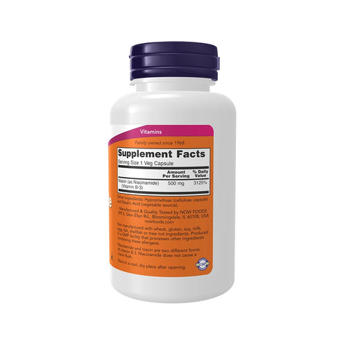 Niacinamida 500mg 100 Cápsulas Now Foods em embalagem branca com tampa laranja.