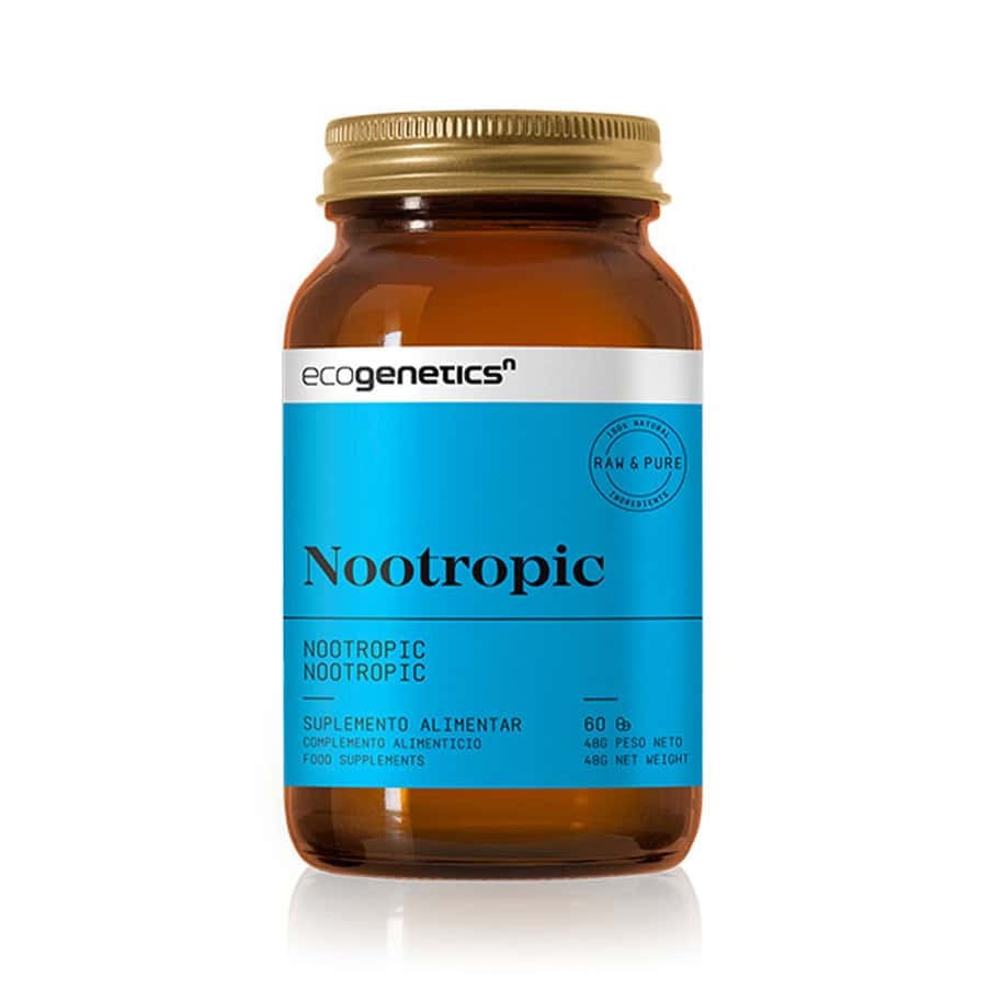 Nootropic 60 Cápsulas Ecogenetics com vitaminas, aminoácidos e extratos vegetais para apoiar a memória, concentração e desempenho cognitivo.