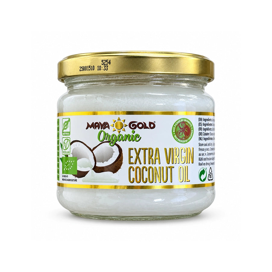 Óleo de Coco Biológico Extra Virgem Maya Gold em frasco de 250 g, prensado a frio.