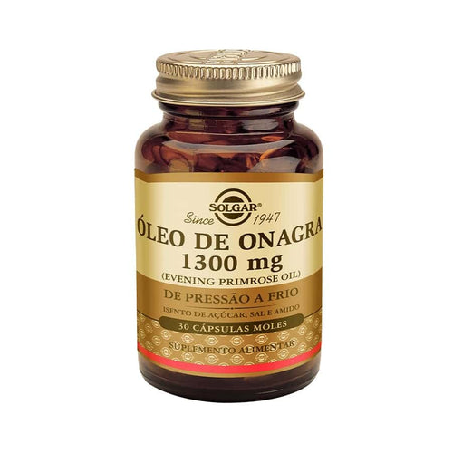 Aceite de onagra Solgar, frasco de 1300 mg: complemento alimenticio con aceite de onagra prensado en frío, indicado para el apoyo hormonal y el bienestar femenino.