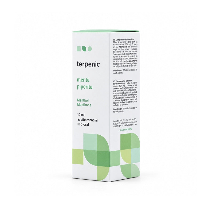 Óleo Essencial de Hortelã-Pimenta Terpenic em frasco de 10 ml, 100% puro, natural e quimiotipado.