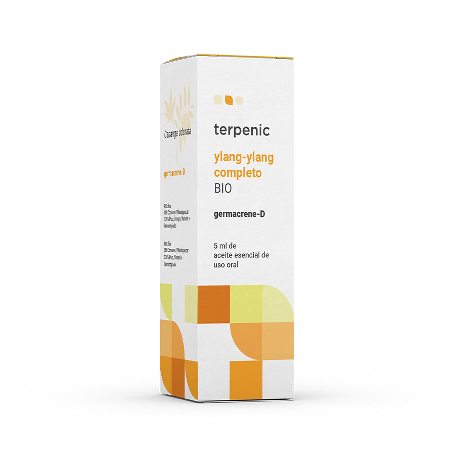 Óleo Essencial de Ylang Ylang Completo Bio 5ml Terpenic, obtido das flores de Cananga odorata, ideal para aromaterapia e momentos de relaxamento.