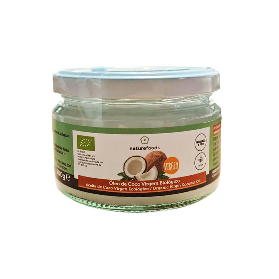 Óleo de coco virgem biológico Naturefoods em frasco de 200 g, ideal para cozinhar e cuidados naturais.