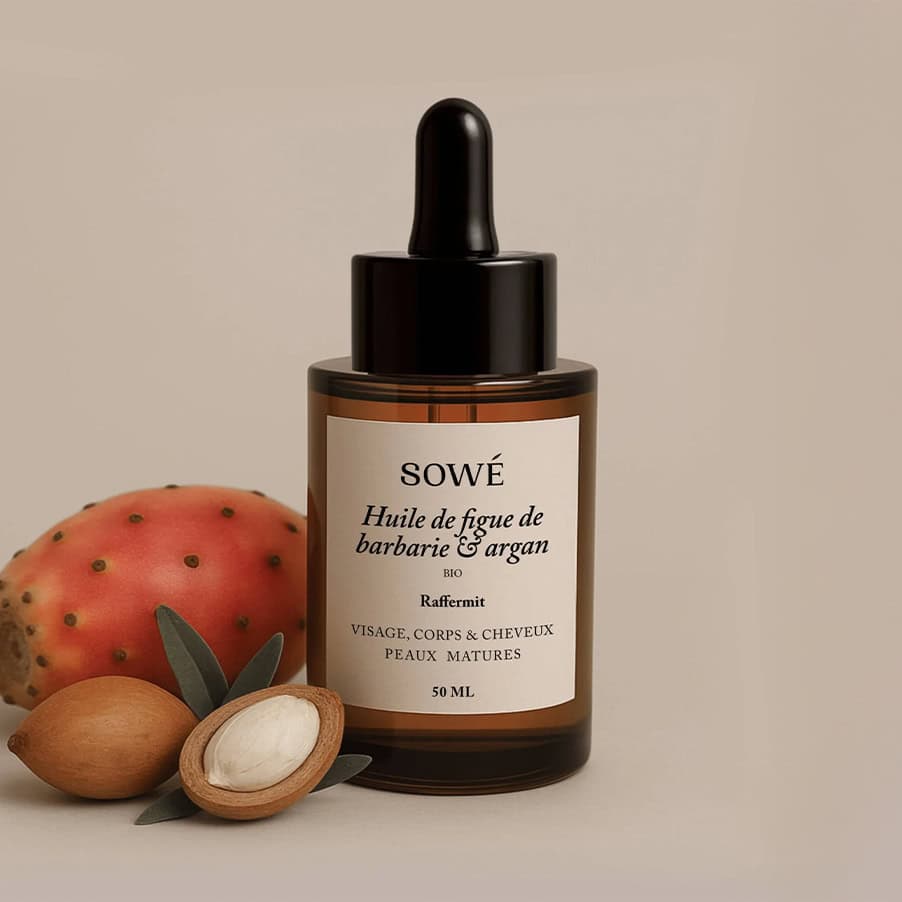Aceite orgánico de higo chumbo y argán de Sowé en botella de 30 ml, ideal para nutrir, regenerar y proteger la piel.