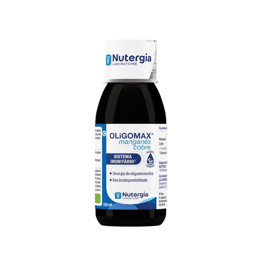 Oligomax Manganês Cobre 150ml Nutergia, suplemento líquido com oligoelementos marinhos, manganês e cobre para apoio ao sistema imunitário.